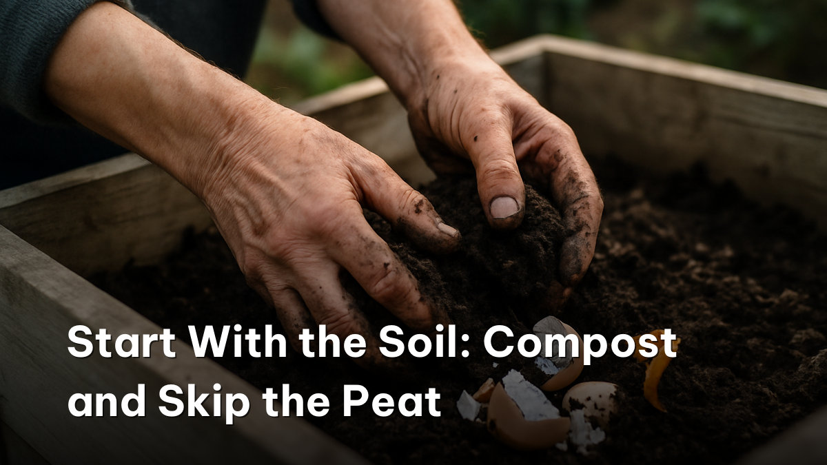 Sustainable home gardening tips in action: hands turning rich homemade compost