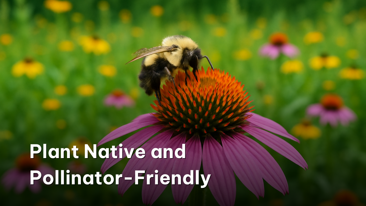 Pollinator on a native coneflower illustrating sustainable home gardening tips