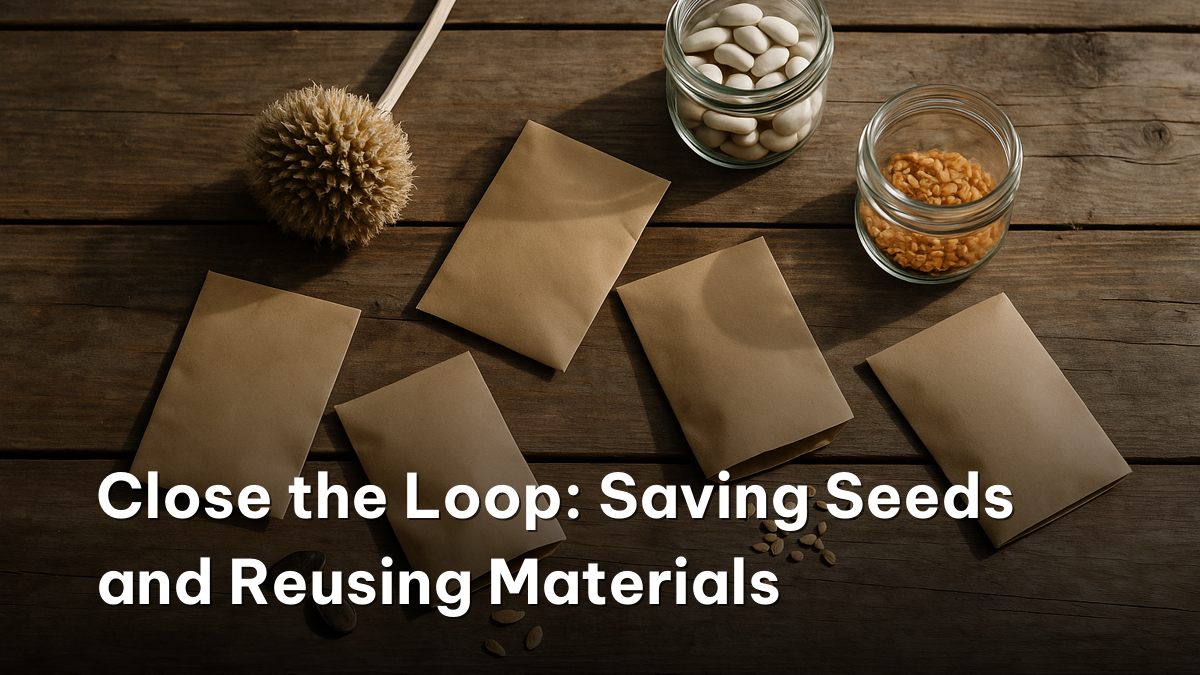 Saved heirloom seeds in paper envelopes for sustainable home gardening tips